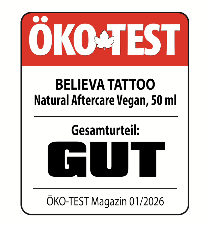 ÖKO-TEST-Siegel mit Gesamturteil „GUT“ für die Believa Tattoo Natural Aftercare Vegan Creme 50 ml, getestet in Ausgabe 01/2026.