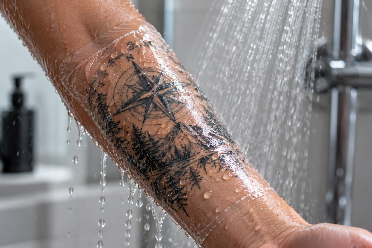 Frisches Kompass- und Wald-Tattoo am Unterarm mit transparenter Tattoo-Schutzfolie beim Duschen unter fließendem Wasser.